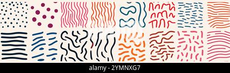 Ensemble de motifs sans couture abstrait coloré en forme de doodle. Collection de fond d'art de style minimaliste créatif, design tendance avec des formes de base Illustration de Vecteur
