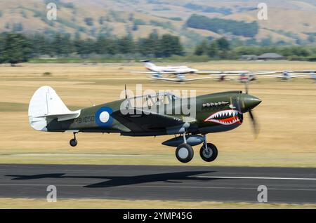 Curtiss P-40 Warhawk à ailes au-dessus de l'Aérodrome de capot, airshow Wairarapa, Masterton, Nouvelle-Zélande. Les dessins de nez, bouche requin artwork. Dents Banque D'Images