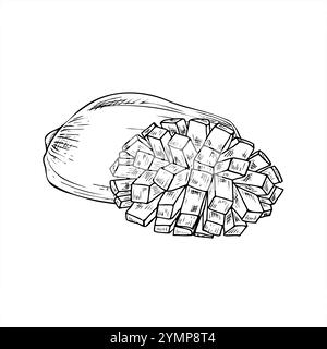 Mangue entière et demi avec cubes vectoriel ligne art noir et blanc esquisse à l'encre. Fruit juteux aromatique monochrome dessiné à la main à plat. Composition florale pour HE Illustration de Vecteur