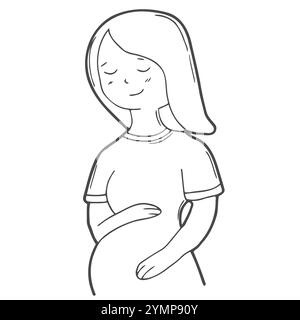 Un dessin au trait continu de la femme enceinte, image de silhouette de la mère. Heureuse jeune maman tient son ventre enceinte. Bonne fête de la femme. Charact Illustration de Vecteur