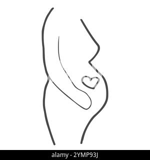 Ceinture prénatale orthopédique. Silhouette de femme enceinte avec bandage sur son ventre. Icône de dessin au trait de la courroie à double support. Illustration noire du médical Illustration de Vecteur