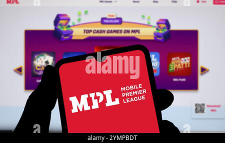 Le logo MPL est affiché sur le smartphone. Mobile premier League est une plate-forme indienne de jeu en ligne. Banque D'Images