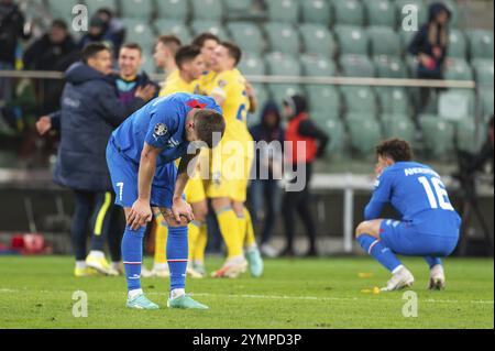 WROCLAW, POLOGNE - 26 MARS 2024 : qualifications pour l'UEFA Euro 2024. Match final Ukraine - Islande 2:1. Triste de Johann Gudumundsson après le Banque D'Images