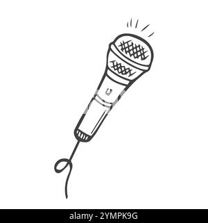 Microphone avec fil isolé sur fond blanc. Article musical pour chanter, performances, karaoké. Illustration vectorielle dessinée à la main dans le style doodle. PE Illustration de Vecteur