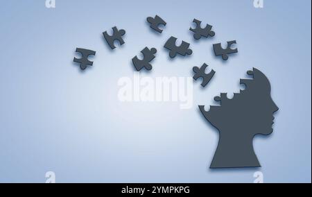 Tête et désordre puzzle cerveau, journée mondiale de la santé mentale, Alzheimer et concept de psychologie Banque D'Images