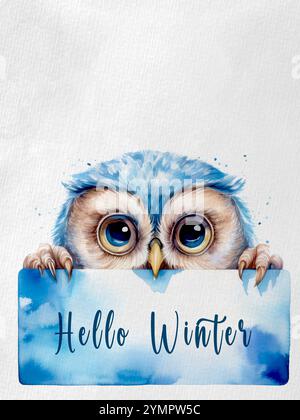 Un hibou d'hiver illustré à l'aquarelle sur papier texturé, incarnant l'esprit paisible de la saison froide. Espace pour le texte. Banque D'Images