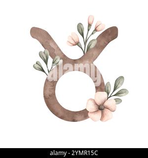 Zodiac aquarelle illustration dessinée à la main avec des symboles taurus et feuilles et fleurs. Symbole de l'horoscope, la désignation des signes du zodiaque Illustration de Vecteur
