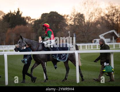 Ascot, Royaume-Uni. 22 novembre 2024. LAW OF SUPPLY monté par le jockey Jonathan Burke remporte le Copybet UK handicap Steeple Chase (Class 4) au Copybet November Friday Raceday à Ascot Racecourse dans le Berkshire. Propriétaire Andrew Lay’s Legacy, entraîneur Kim Bailey, Cheltenham, éleveur Thistetown Stud, commanditaire Kim Bailey Racing Ltd Crédit : Maureen McLean/Alamy Live News Banque D'Images