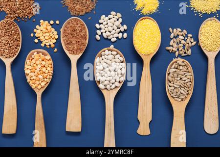 Différents types de céréales, graines et légumineuses dans des cuillères sur table en bois bleu, pose à plat Banque D'Images