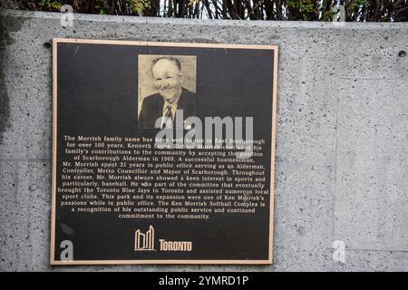 Plaque de la famille Morrish au Ken Morrish Softball Complex à East point Park à Scarborough, Toronto, Ontario, Canada Banque D'Images