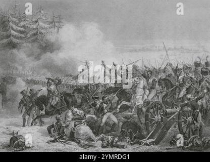 Guerres napoléoniennes. Bataille d'Eylau (7-8 février 1807). L'armée française s'engage dans de violents combats avec l'armée russe et prussienne alliée, qui est finalement forcée de se retirer du champ de bataille. Charge des cuirassiers à Eylau. Dessin d'Eugène Charpentier. Gravure de Beyer et John Outhwaite. Histoire du Consulat et de l'Empire, par A. Thiers. Volume VII publié à Paris, 1847. Auteur : Eugène Charpentier (1811-1890). Peintre français. Jean Outhwaite (1810-1878) Graveur français. Banque D'Images