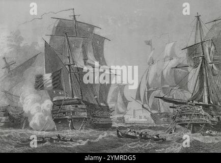 Guerres révolutionnaires françaises. Bataille d'Algésiras (6 juillet 1801). Bataille navale entre un escadron de navires de ligne de la Royal Navy britannique et un escadron de la Marine française ancré dans le port espagnol fortifié d'Algeciras, dans le détroit de Gibraltar. Combat du capitaine Amable Troude (1762-1824). Dessin de Morel Fatio. Gravure de John Outhwaite. Histoire du Consulat et de l'Empire, par A. Thiers. Volume III publié à Paris, 1845. Auteur : Jean Outhwaite (1810-1878). Graveur français. Antoine Léon Morel-Fatio (1810-1871 Banque D'Images