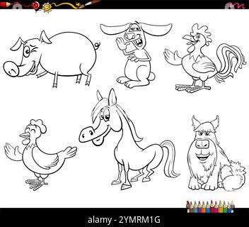 Illustration de bande dessinée de personnages d'animaux de ferme ensemble de coloriage Illustration de Vecteur