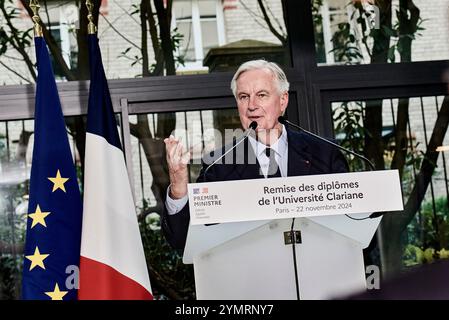 Paris, France. 22 novembre 2024. Antonin Burat/le Pictorium - cérémonie de remise des diplômes de l'Université Clariane en présence du premier ministre Michel Barnier, le 22 novembre 2024 - 22/11/2024 - France/Paris - le premier ministre Michel Barnier lors de la cérémonie de remise des diplômes de l'Université Clariane, le 22 novembre 2024. Crédit : LE PICTORIUM/Alamy Live News Banque D'Images