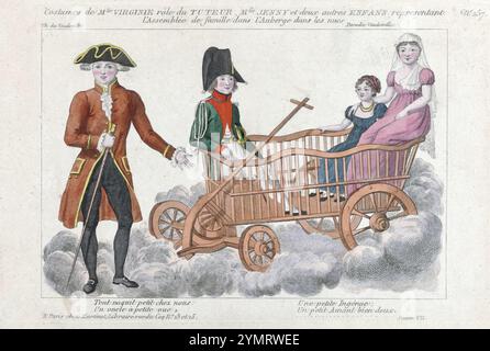 Petite Galerie dramatique, 1796-1843, n° 257 : costumes de Mlle Virginie estampe gravure colorée éditée par Aaron Martinet antique estampe art dessin animé. Costumes de Mlle Virginie dans le rôle de tuteur. Mlles Jenny et deux autres enfants dans une charrette dans les nuages. Parodie Vaudeville jouée au Théâtre du Vaudeville à Paris. Homme, debout, dans un frak garni de passepoil contrasté. Short genou. Jabot soufflé et poignets. - Stockings. - Ouais. Chaussures avec boucles carrées. Bâtons de marche. Bâton de marche. Avec quatre lignes de texte de la septième scène. Extrait du magazine petite Galerie dramatique ou Banque D'Images