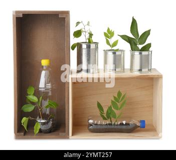 Concept de recyclage. Caisses en bois avec des plantes en bouteilles et canettes isolées sur blanc Banque D'Images