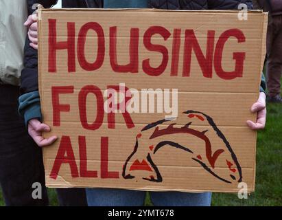 Victoria, Colombie-Britannique, Canada, 22 novembre 2024 - Un manifestant tient une pancarte lors d'une manifestation contre le coût élevé du logement et le sort des sans-abri devant le bâtiment de l'Assemblée législative provinciale à Victoria, Colombie-Britannique, Canada. Don Denton/Alamy Live News Banque D'Images