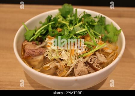 Cuisine vietnamienne : Bun bo hue (nouilles de riz épicées avec tendon de bœuf et coriandre) Banque D'Images