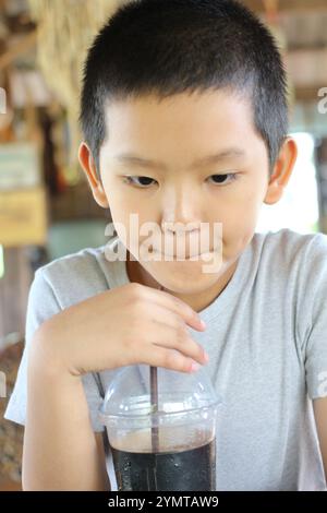 Un jeune garçon est assis à l'intérieur, sirotant une boisson fraîche et profitant d'un moment de détente. Son expression capte la joie d'un plaisir simple, idéal pour Li Banque D'Images