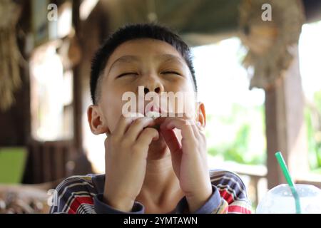 Un enfant joyeux se délecte d'une collation savoureuse en plein air, mettant en valeur une véritable expression de bonheur. Le moment insouciant capture l'essence de la jeunesse et Banque D'Images