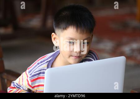 Un jeune garçon est intentionnellement concentré sur un ordinateur portable, s'engageant dans l'apprentissage ou le divertissement. Cette scène capte l'essence de la curiosité de l'enfance et moderne Banque D'Images