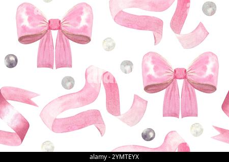 Un noeud en satin, ruban, perles aquarelle motif rose sans couture isolé sur blanc. Éléments de conception dessinés à la main parfaits pour le papier d'emballage, le textile Banque D'Images