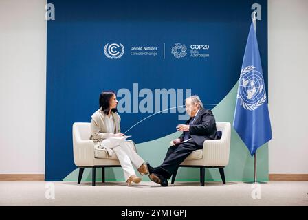 Annalena Baerbock Buendnis 90/Die Gruenen, Bundesaussenministerin, Trifft Antonio Guterres, Generalsekretaer der Vereinten Nationen zu einem gespraech im Rahmen der COP29 à Bakou, 22.11.2024. Fotografiert im Auftrag des Auswaertigen AMTES AA Baku Aserbaidschan *** Annalena Baerbock Buendnis 90 Die Gruenen , ministre fédéral des Affaires étrangères, rencontre Antonio Guterres, secrétaire général des Nations Unies pour une discussion à la COP29 à Bakou, 22 11 2024 photographiée au nom du ministère fédéral des Affaires étrangères AA Bakou Azerbaïdjan Copyright : xFelixxZahn/AAX Banque D'Images