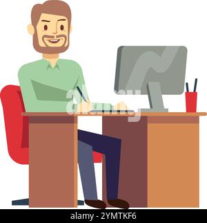 Heureux employé de bureau. Caractère de poste de travail à distance Illustration de Vecteur