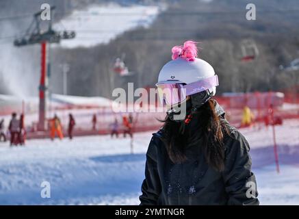 Changchun, province chinoise de Jilin. 23 novembre 2024. Un skieur aime le sport à la station de ski Beidahu dans la ville de Jilin, province de Jilin au nord-est de la Chine, 23 novembre 2024. Crédit : Yan Linyun/Xinhua/Alamy Live News Banque D'Images