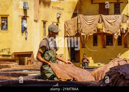 FES, Maroc - 31 mars 2023 : scène de la tannerie de cuir avec des cuves en pierre remplies de différentes couleurs, et des ouvriers. FES, Maroc Banque D'Images