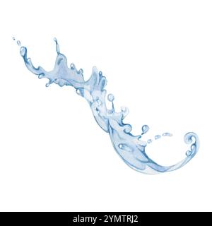 Écoulement d'eau, éclaboussures bulles vagues avec des gouttes, glaçons dessinés à la main à l'aquarelle. Mouvement de versement de liquide bleu, écoulement clair ondulations de pulvérisation humide Banque D'Images