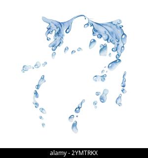 Écoulement d'eau, éclaboussures bulles vagues avec des gouttes, glaçons dessinés à la main à l'aquarelle. Mouvement de versement de liquide bleu, écoulement clair ondulations de pulvérisation humide Banque D'Images