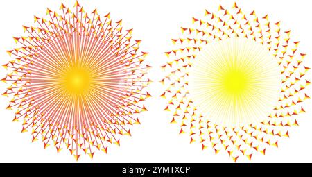 Les lignes de flèche abstraites chevauchent des objets comme les éclats de soleil ou les éclats d'étoiles en dégradé jaune orangé Illustration de Vecteur