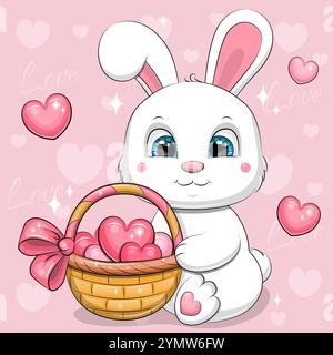 Joli lapin blanc de dessin animé avec un panier plein de cœurs. Carte de Saint-Valentin. Illustration vectorielle de l'animal sur un fond rose. Illustration de Vecteur