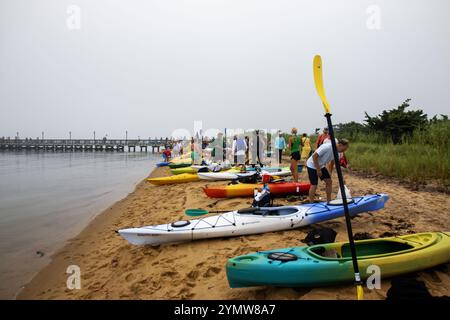 Fire Island, New York, États-Unis - 9 juillet 2024 : les kayakistes se rassemblent sur le rivage sablonneux, préparant leurs kayaks colorés pour une journée d'aventure sur l'eau. Banque D'Images