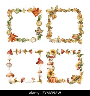 Autumn frames with leaves, mushrooms, flowers, insect and animal. Watercolor hand drawn floral isolated illustration set for fall design, cozy cards, Banque D'Images