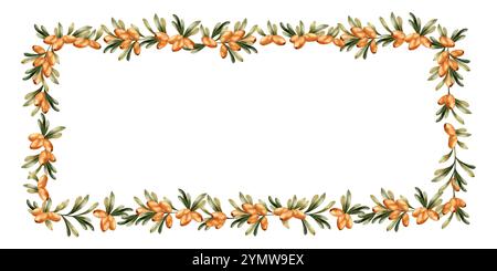 Branches d'argousier cadre avec baies orange et feuilles vertes. Plante médicinale. Aquarelle dessinée à la main illustration isolée florale pour la conception d'automne Banque D'Images