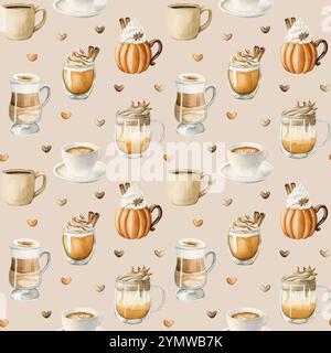 Café Latte Macchiato, Pumpkin Spice Dalgona café et autres boissons chaudes d'automne. Motif sans couture de nourriture d'aquarelle sur fond beige pour kitc confortable Banque D'Images
