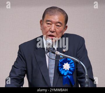 Tokyo, Japon. 23 novembre 2024. Le premier ministre japonais Shigeru Ishiba prend la parole lors du rassemblement des familles des victimes enlevées par la Corée du Nord à Tokyo, au Japon, le samedi 23 novembre 2024. Photo de Keizo Mori/UPI crédit : UPI/Alamy Live News Banque D'Images