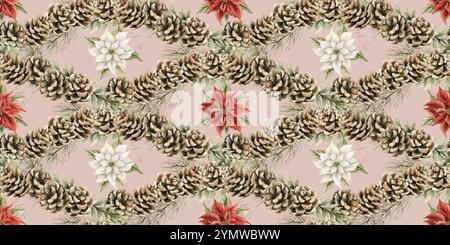 Poinsettia avec cônes de pin. Motif sans couture aquarelle sur fond rose pêche clair avec des fleurs d'hiver et des pommes de pin pour la conception de Noël, hiver Banque D'Images