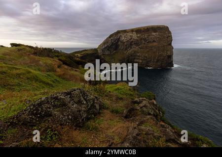 Morro de Castelo Branco sur l'île de Faial, aux Açores, a été formé par la lave coulante de l'éruption du volcan central de Caldeira do Faial. Banque D'Images