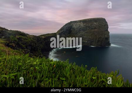 Morro de Castelo Branco sur l'île de Faial, aux Açores, a été formé par la lave coulante de l'éruption du volcan central de Caldeira do Faial. Banque D'Images