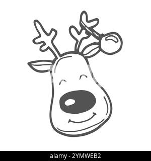 Carte dessinée à la main avec un joli renne dans un chapeau du Père Noël, guirlande suspendue à des bois, texte Joyeux Noël. Illustration vectorielle isolée sur blanc. Illustration de Vecteur