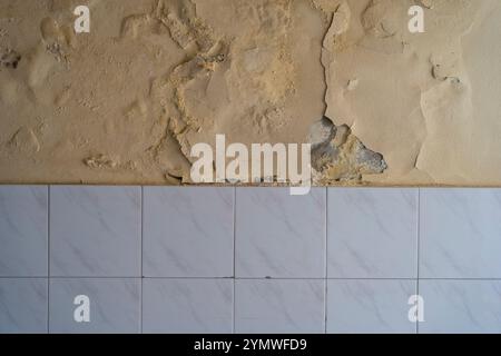 Moisissure et fissures sur le mur d'une salle de bain dans une maison. L'ancien mur est recouvert de moisissure en raison de l'humidité dans la pièce. Banque D'Images