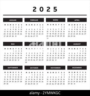 Calendrier 2025 avec boîtes en noir et blanc 4 colonnes - Allemand Illustration de Vecteur