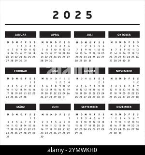 Calendrier 2025 avec boîtes en noir et blanc 4 colonnes - Allemand Illustration de Vecteur