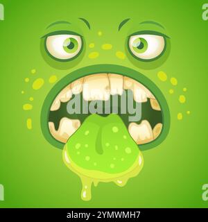 Visage de monstre drôle avec une grande langue verte et des dents, à la fois effrayantes et humoristiques, parfaites pour halloween ou des designs fantastiques. Couleurs vives et ludique Illustration de Vecteur