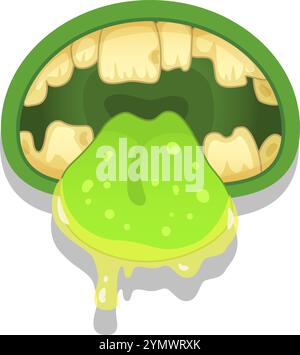 Illustration de bande dessinée d'une bouche de monstre vert avec sa langue visqueuse sortant, les dents montrant, et la salive goutte à goutte, parfait pour les projets d'halloween Illustration de Vecteur