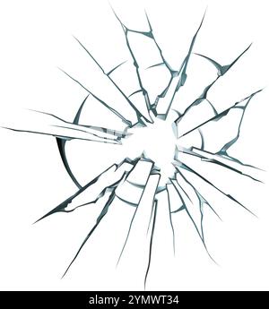 Le verre fissuré avec un trou au centre rayonne des fissures vers l'extérieur, créant un effet visuel dramatique sur un fond blanc propre, parfait pour Illustration de Vecteur