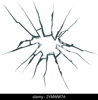 Fissures pointues rayonnant vers l'extérieur à partir d'un trou dans une vitre brisée créant une image dramatique et dangereuse de dommages et de destruction sur blanc Illustration de Vecteur